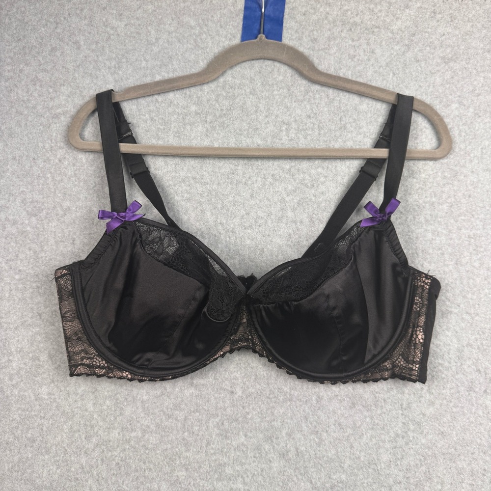 Cacique Bra Womens 42DD Black Satin Lace Underwire Purple Bows Romantic Boudoir